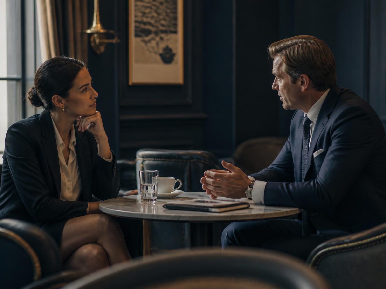 Two professionals in quiet conversation across a small table in a private club room